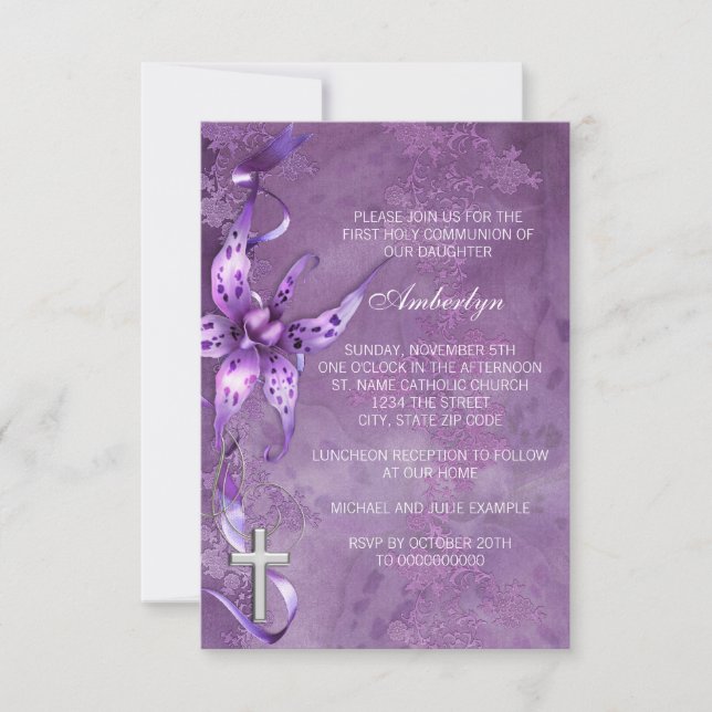 Elegante Lavanda Púrpura Primera Invitación de Com (Anverso)