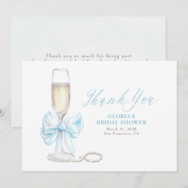 Elegante lazo azul Prosecco Agradecimiento de Desp (Anverso / Reverso)