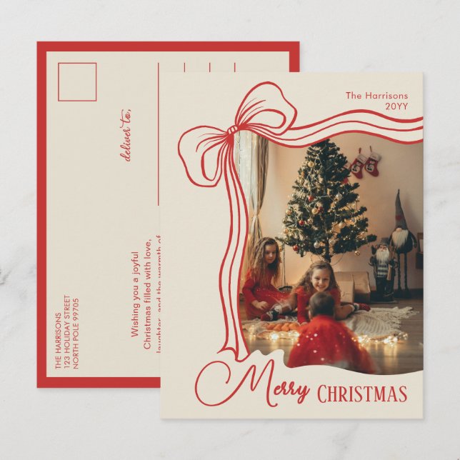 Elegante Lazo Rojo de Navidad Dibujado a Mano con  (Anverso / Reverso)