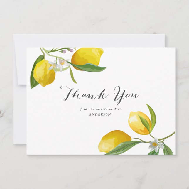 Elegante Lemon Bridal Shower Gracias Cartas (Anverso)