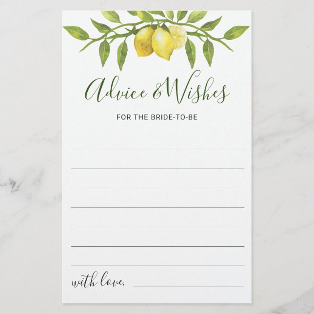Elegante Lemon Watercolor Bridal Ducha Tarjeta de  (Anverso)
