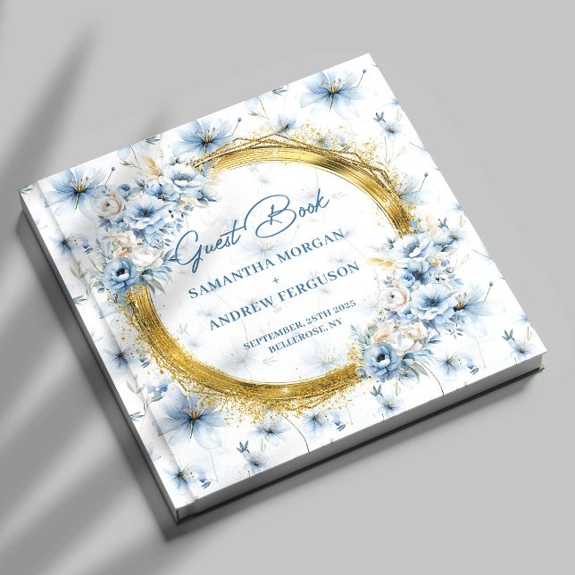 Elegante libro de Boda Purpurina de oro azul claro (Elegant Light Blue Gold Glitter Wedding Guest Book)