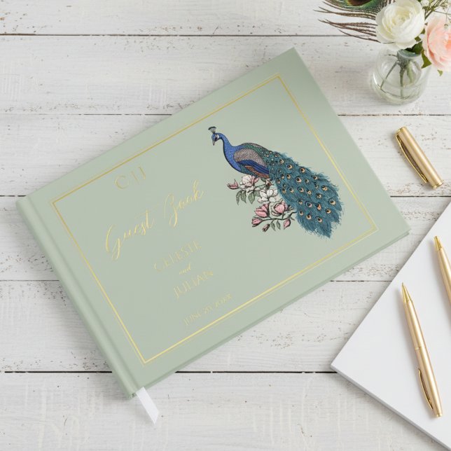 Elegante libro de Bodas de fotografía Sage Peacock (Elegant Modern Sage Floral Peacock Wedding Guest Books. Bird, Ornate Teal Feathers, Chic Gold Foil)