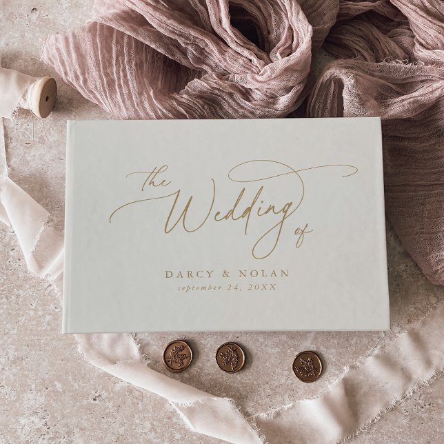 Elegante libro de Bodas de marfil y oro con encant (Elegant Charm Ivory and Gold Wedding Guest Book)