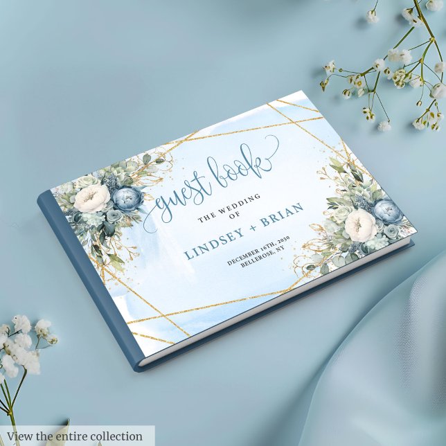 Elegante libro de Bodas de oro de Dusty Blue Peoni (Elegant Dusty Blue White Gold Floral Guest Book)