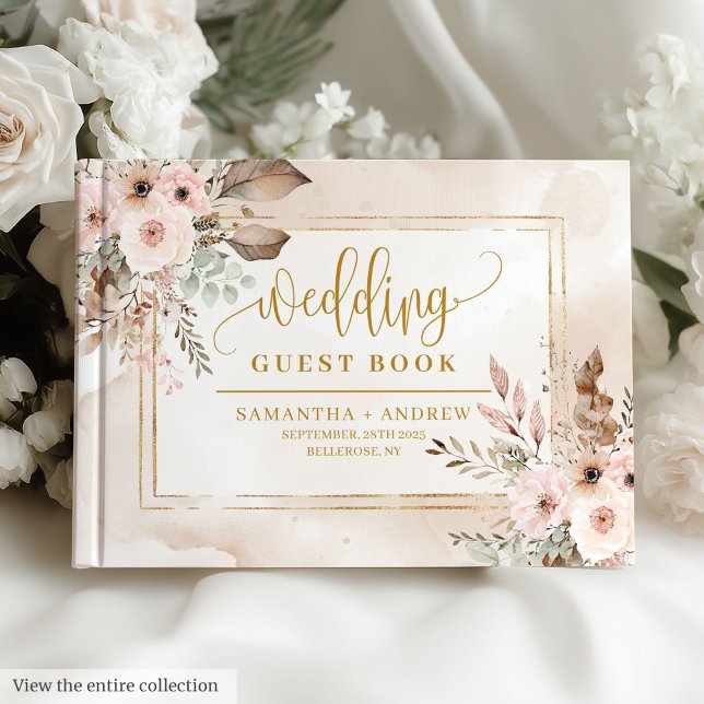 Elegante libro de Bodas del Boho de oro rosa en po (Elegant Powder Pink Gold Boho Wedding Guest Book)