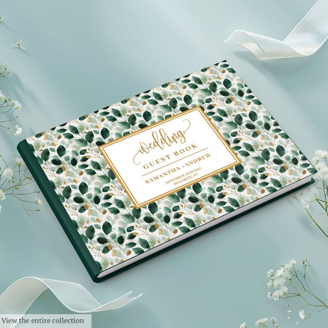 Elegante Libro De Huéspedes De Boda Oscuro Verde Y (Stylish Dark Green And Gold Wedding Guest Book)