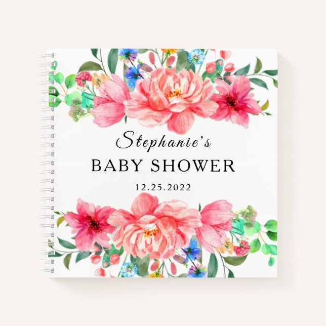 Elegante libro de invitados Baby Shower Flor rosa  (Anverso)