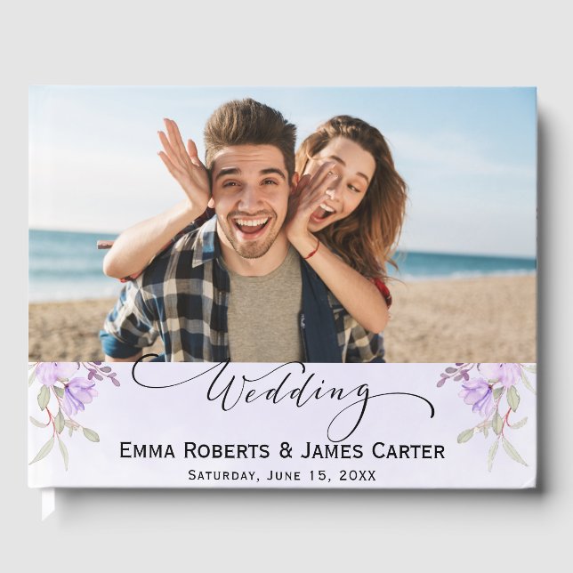 Elegante libro de invitados con flores moradas (Anverso)