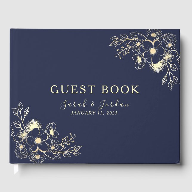 Elegante Libro de Invitados de Boda Azul Marino Fl (Anverso)