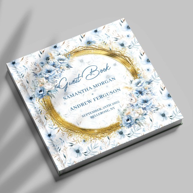 Elegante Libro de Invitados de Boda Polvoriento Az (Elegant Dusty Blue Gold Glitter Wedding Guest Book)