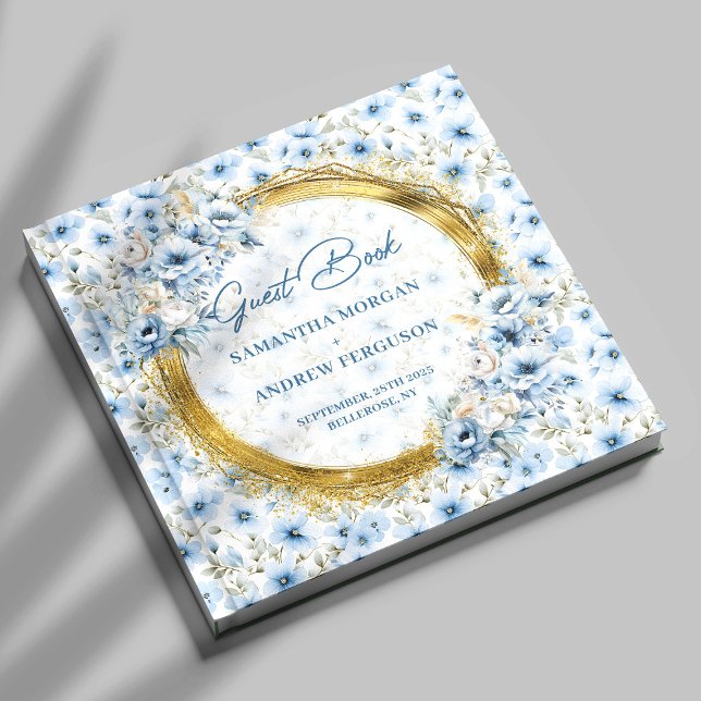 Elegante libro de invitados de Boda Purpurina de o (Stylish Light Blue Gold Glitter Wedding Guest Book)