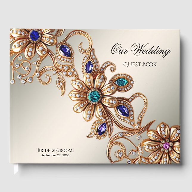 Elegante libro de invitados de flores de joyas de  (Anverso)