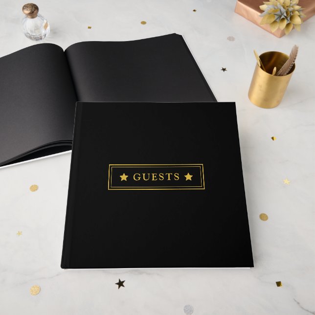 Elegante libro de invitados negro 12x12 para cualq (Anverso Abierto)