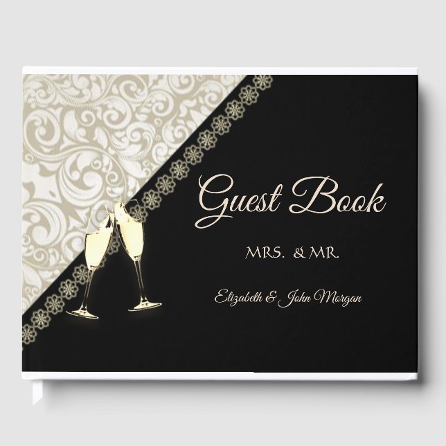 Elegante Libro de Invitados Negro Damask (Anverso)