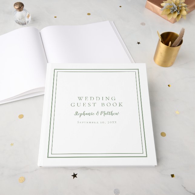 Elegante libro de invitados verde para bodas (Anverso Abierto)