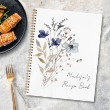 Elegante Libro de Recetas de Flor Floral Azul Mari