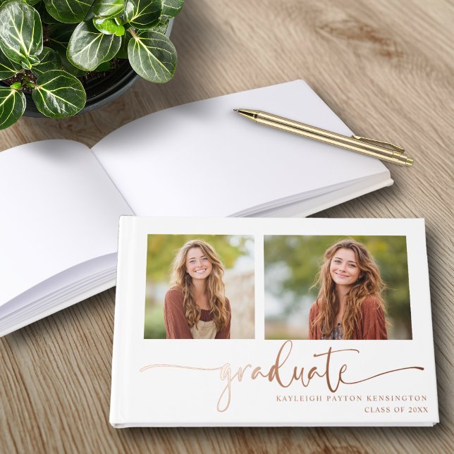 Elegante libro de Relieve metalizado de graduación (Elegant Rose Gold Foil Graduation Guest Book with Photos)