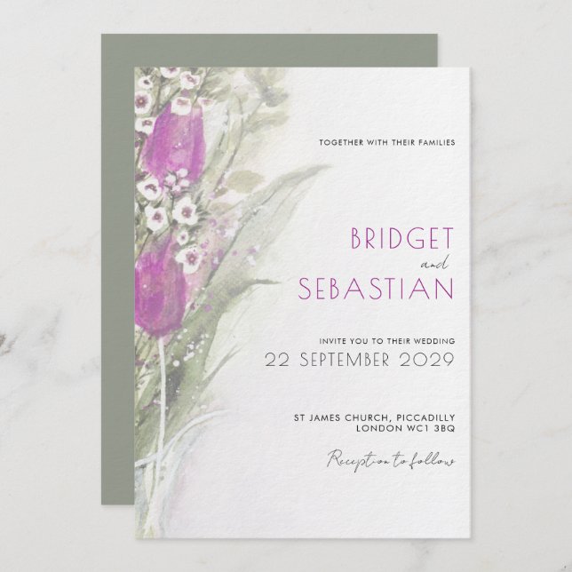 Elegante Lilac floral & sage Wedding Invitación (Anverso / Reverso)