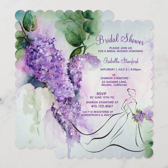 Elegante Lilac Flores Bridal Ducha Invitación (Anverso / Reverso)