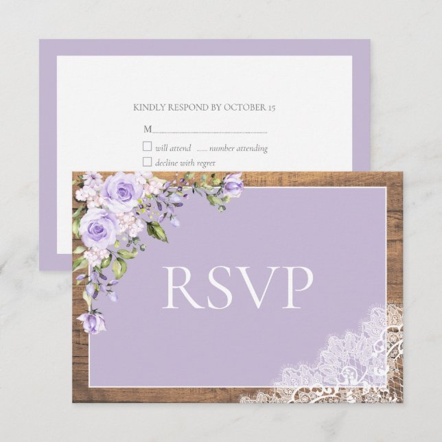 Elegante Lilac Lavanda Rústica Boda de encaje RSVP (Anverso / Reverso)