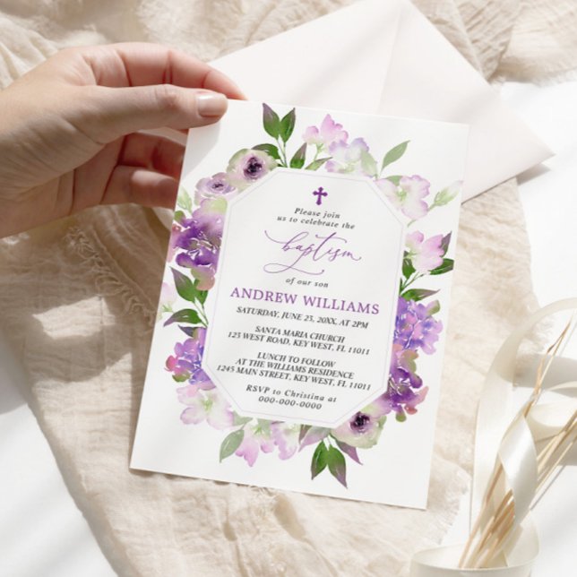 Elegante Lilac Morado Flores Bautista Invitación (Subido por el creador)