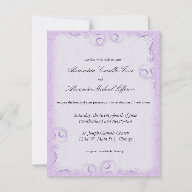Elegante Lilac Scrollwork Invitación formal de mat (Anverso)