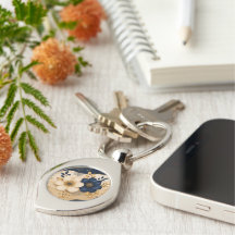 Elegante llavero de metal floral botánico azul mar