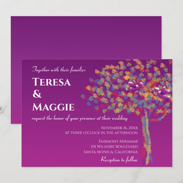 Elegante Lovebirds Cassis Boda Púrpura Invitación (Anverso / Reverso)