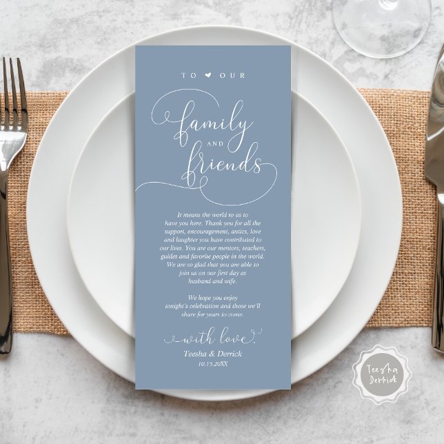 Elegante Lugar De Cena Moderno Menú De Aprecio Tar (Modern Elegant Wedding Dinner Place Setting Thank You Card, Plate Decor, in Dusty Blue)