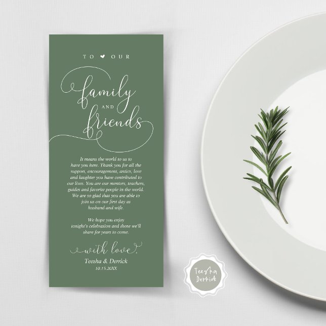 Elegante Lugar De Cena Moderno Menú De Aprecio Tar (Modern Elegant Wedding Dinner Place Setting Thank You Card, Plate Decor, in Forest Sage Green)