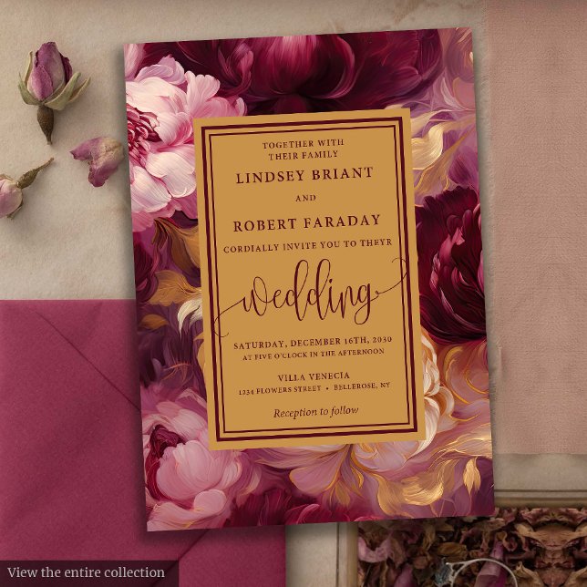 Elegante Lux Borgoña Rosas de oro Invitación a la  (Elegant Lux Burgundy Gold Roses Wedding Invitation)