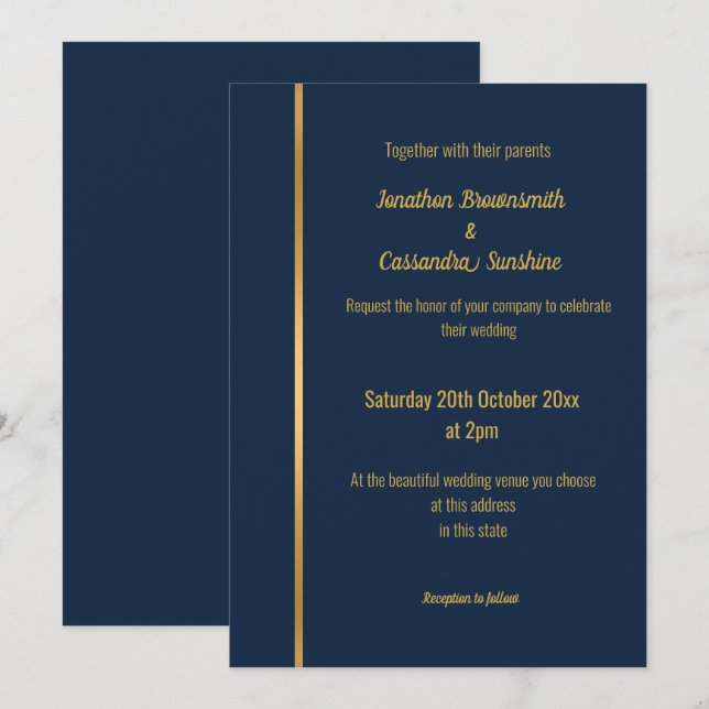 ELEGANTE LUXE NAVY GOLD WEDDING INVITACIÓN (Anverso / Reverso)