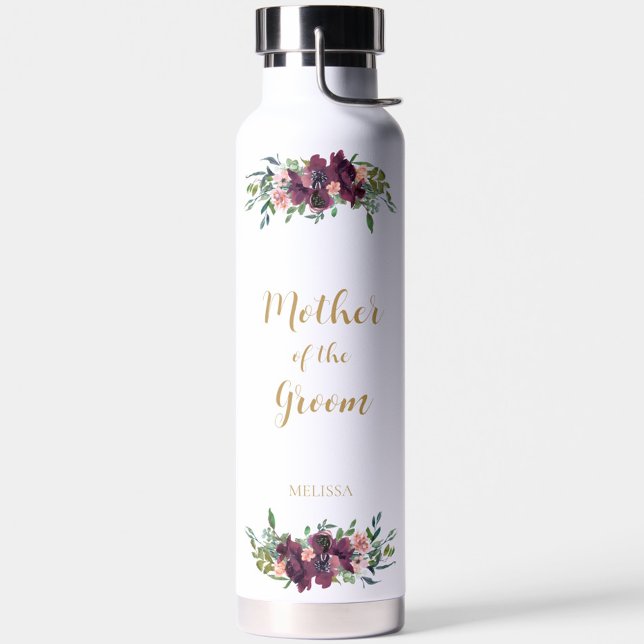 Elegante madre floral de la botella de agua Groom (Floral Mother of the Groom Water Bottle, Personalized with Name, Wedding Bridal Party Gifts)