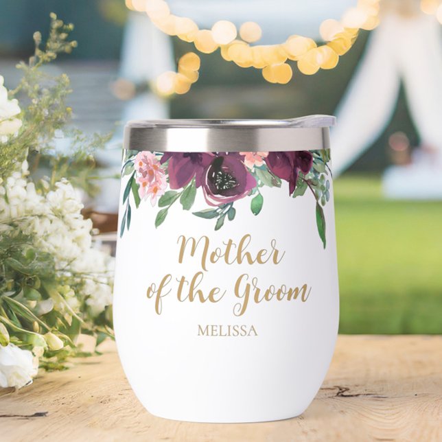 Elegante madre floral del tumbler de vino de Groom (Personalized Elegant Floral Mother of the Groom Wine Tumbler- The perfect gift to say thank you!)