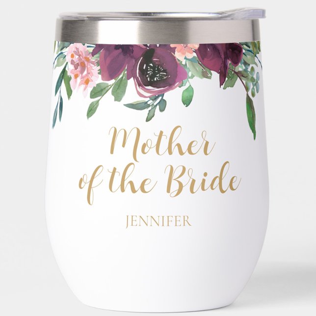 Elegante madre floral del tumbler de vino de novia (Personalized Mother of the Bride Floral Wine Tumbler, Customized with Name, Burgundy & Blush Pink)