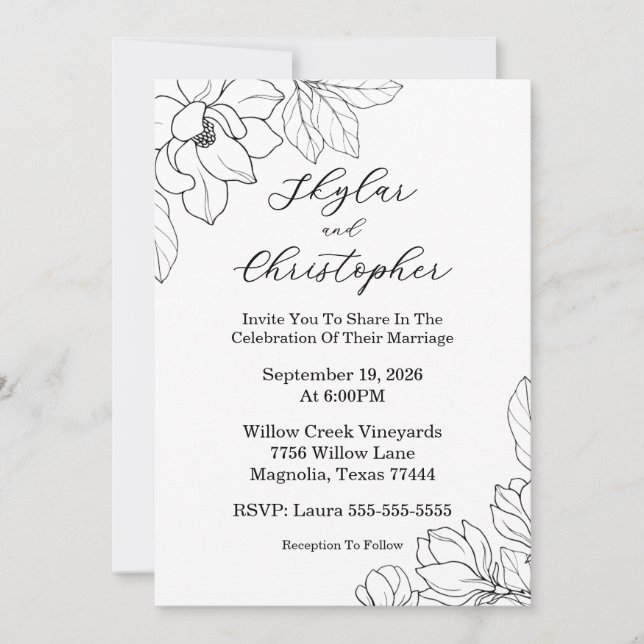 Elegante Magnolia Invitación a la boda negra (Anverso)