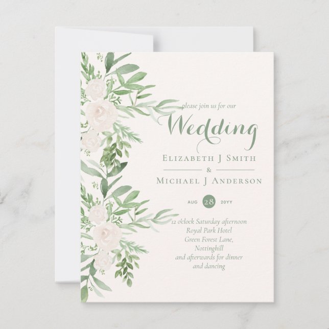 Elegante Magnolia Sage Invitación a la boda floral (Anverso)