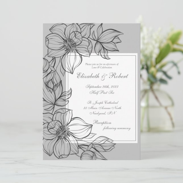 Elegante mano gris dibujada invitación a la boda f (Anverso de pie)