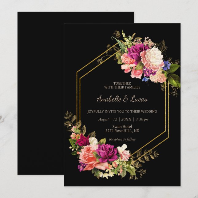 Elegante marco dorado floral invitación a la boda (Anverso / Reverso)