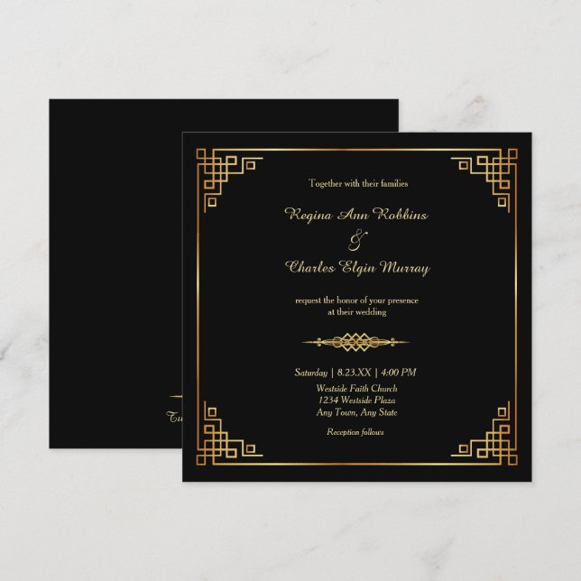 Elegante marco dorado negro formalmente Invitación (Anverso / Reverso)