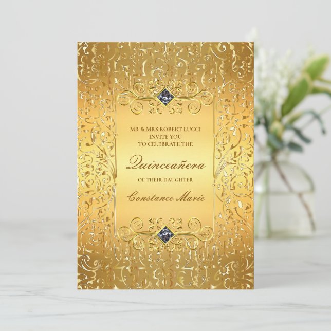 Elegante marco dorado Quinceanera Invitación (Anverso de pie)