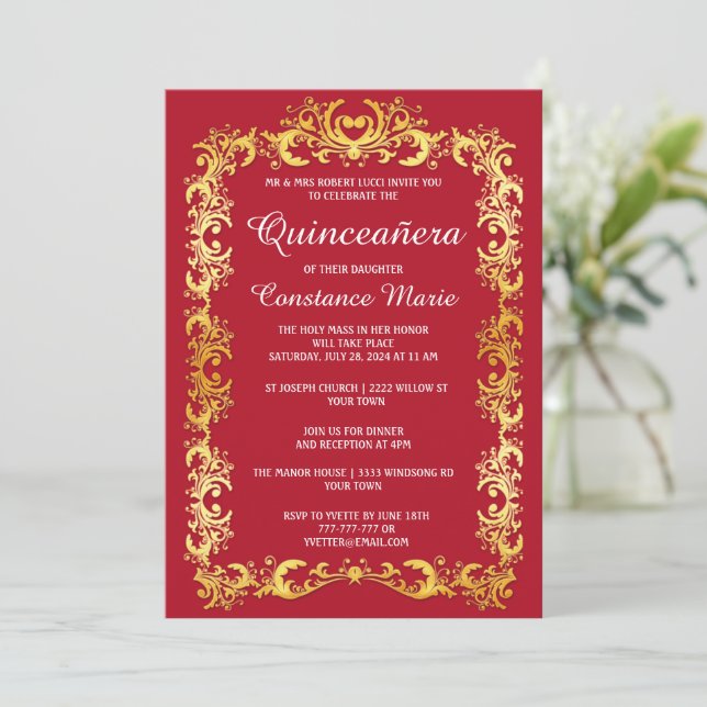 Elegante marco dorado Quinceanera Invitación (Anverso de pie)