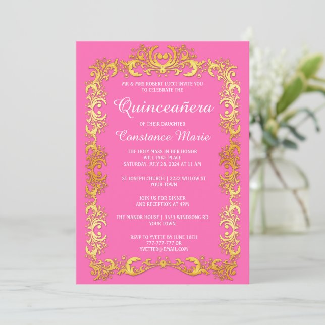 Elegante marco dorado Quinceanera Invitación (Anverso de pie)
