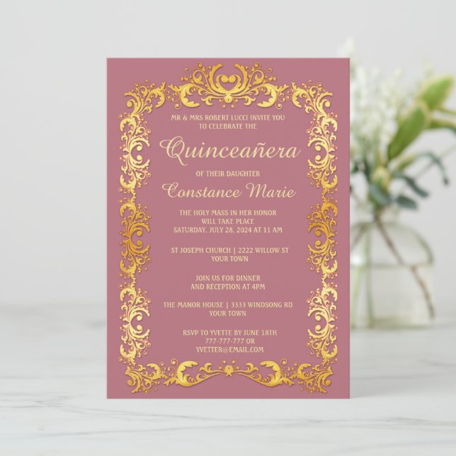 Elegante marco dorado Quinceanera Invitación (Anverso de pie)