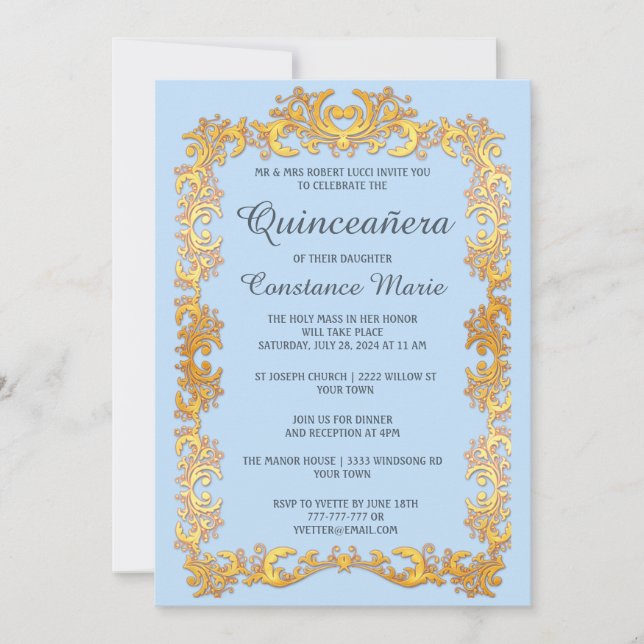 Elegante marco dorado Quinceanera Invitación (Anverso)