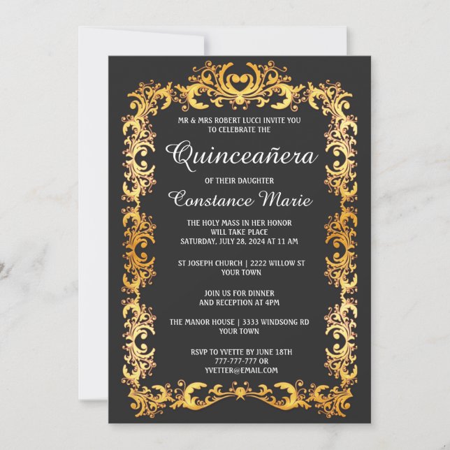 Elegante marco dorado Quinceanera Invitación (Anverso)