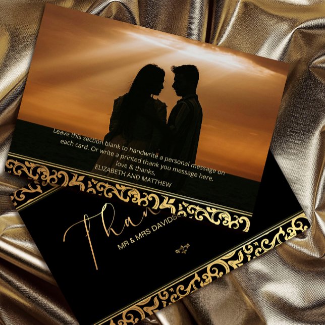 Elegante marco dorado Tarjeta de agradecimiento (Elegant gold Frame Thank You Card #sunsetthankyoucard #sunsetcouple #weddingmessage #goldframe)