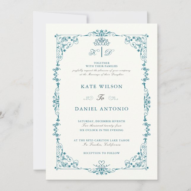 Elegante marco floral turquesa invitación a la bod (Anverso)