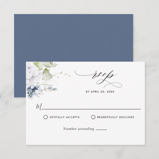 Elegante Marina Floral Azul y Boda Verde RSVP (Anverso / Reverso)